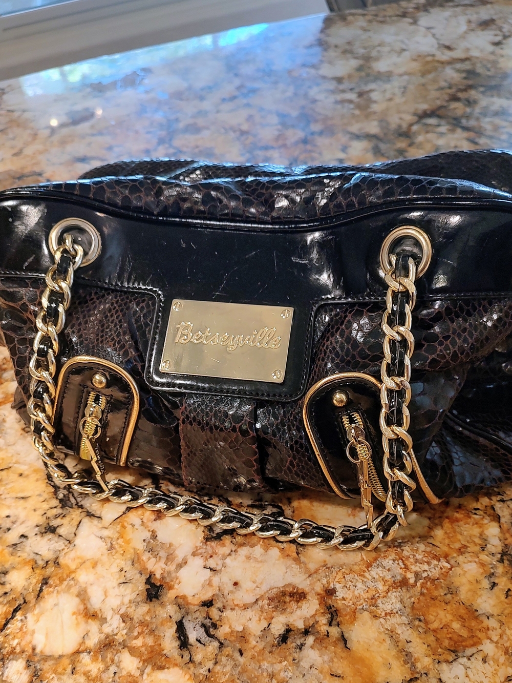 Betsey Johnson Brown and Black Snake-Print Chain Shoulder Bag with Gold Hardware